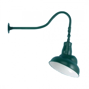 Adjustable fixture mounted on gooseneck arm for lighting signs and entrances. Uses 300 watts and runs on 120 volts.